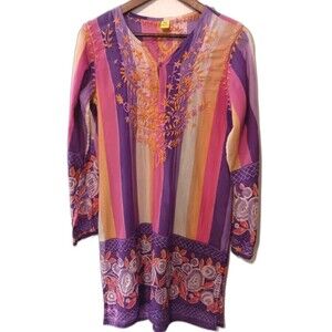 Vtg 90s Raj XL Tunic Top Kurti Striped Floral Embroidered Cotton Boho Hippie